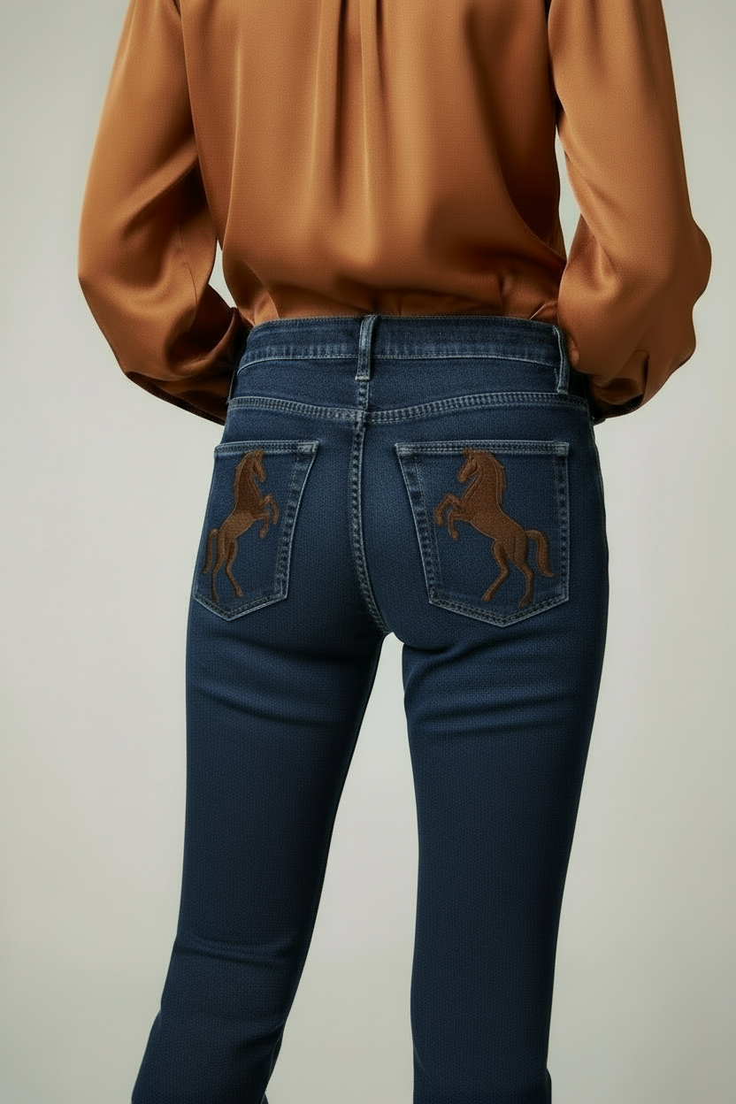 Blue jeans with horse embroidery on the back pockets worn by a person in a brown shirt.