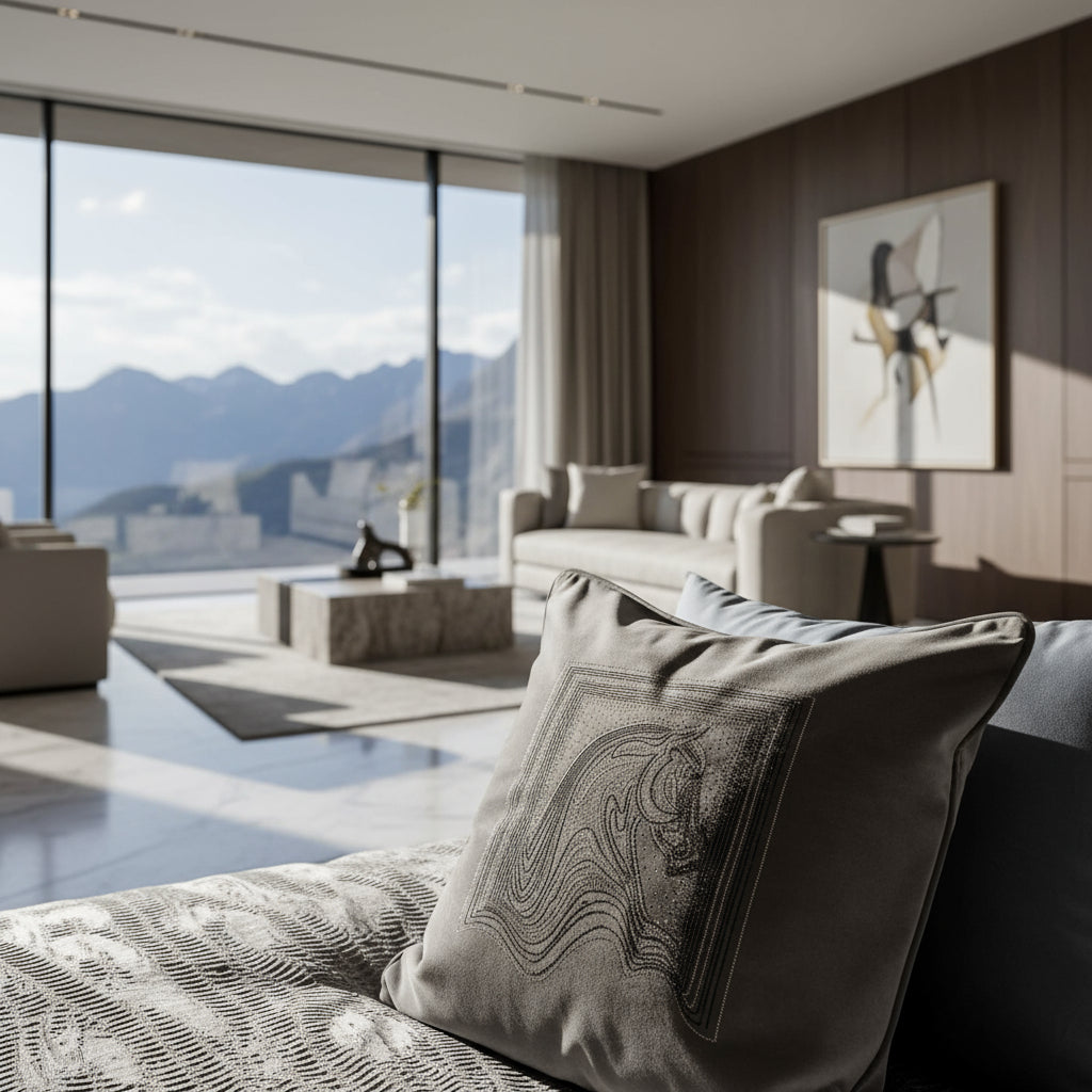 Stellar Cheval gray pillow with horse emblem on a textured surface